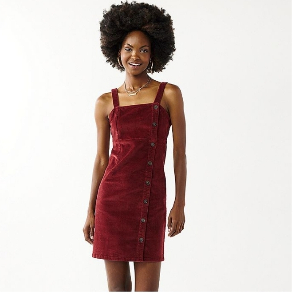 SO Cotton Button Strap Pinafore Dress, Rust